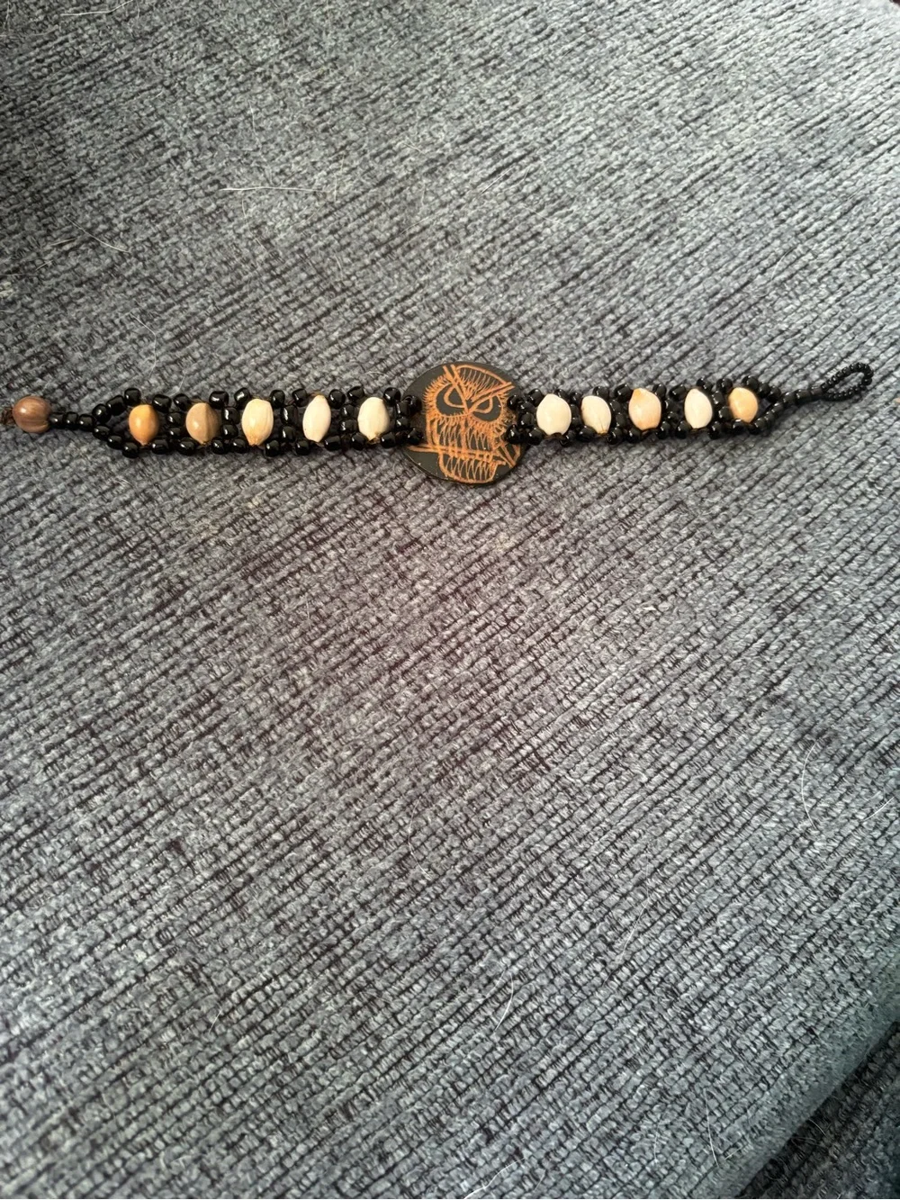 Artisan Tribal Owl Beaded Bracelet Black & Cream Boho Statement Jewelry